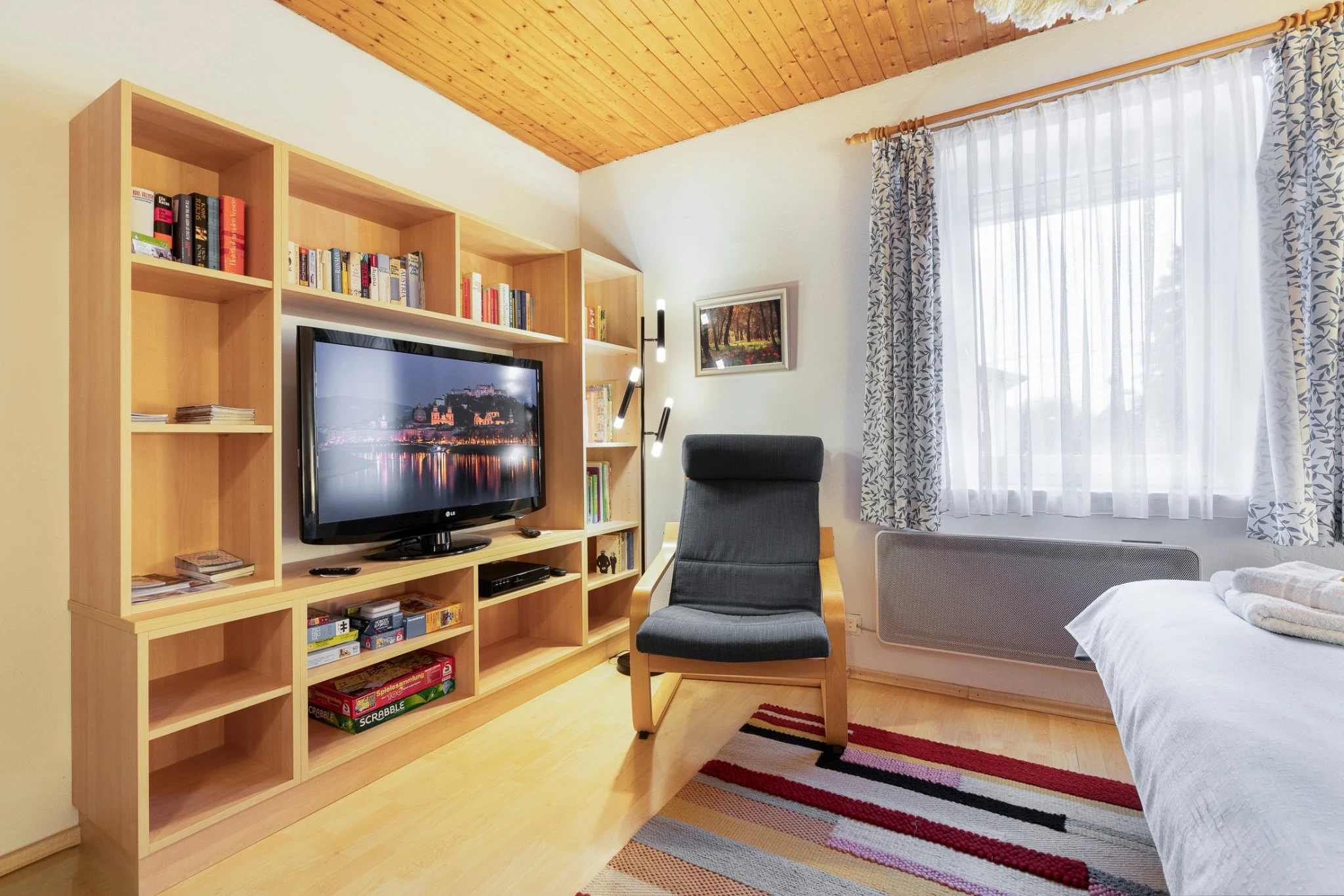 Living room shelving with television and books