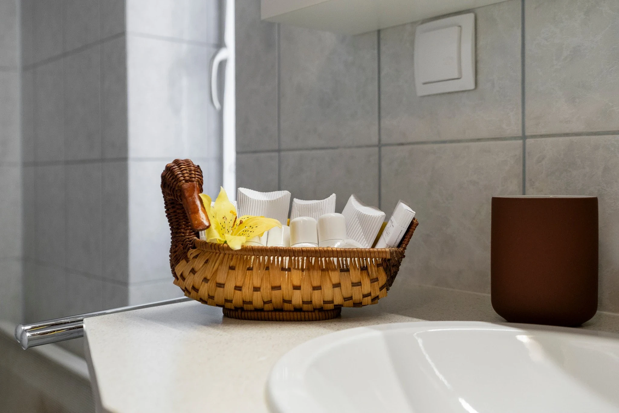 Basket of toiletries beside the bathroom washbasin